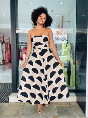 Rinascimento Strapless Beige and Black Patterned Maxi Dress